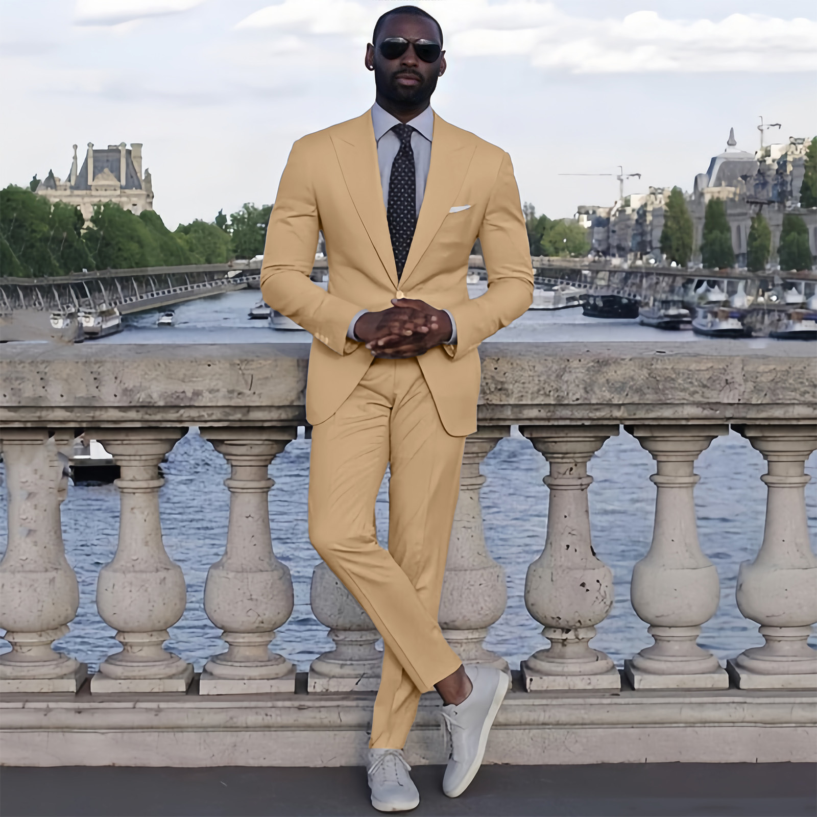 Wool Suit Jacket - Khaki Smart Casual Peaked Lapel Suits
