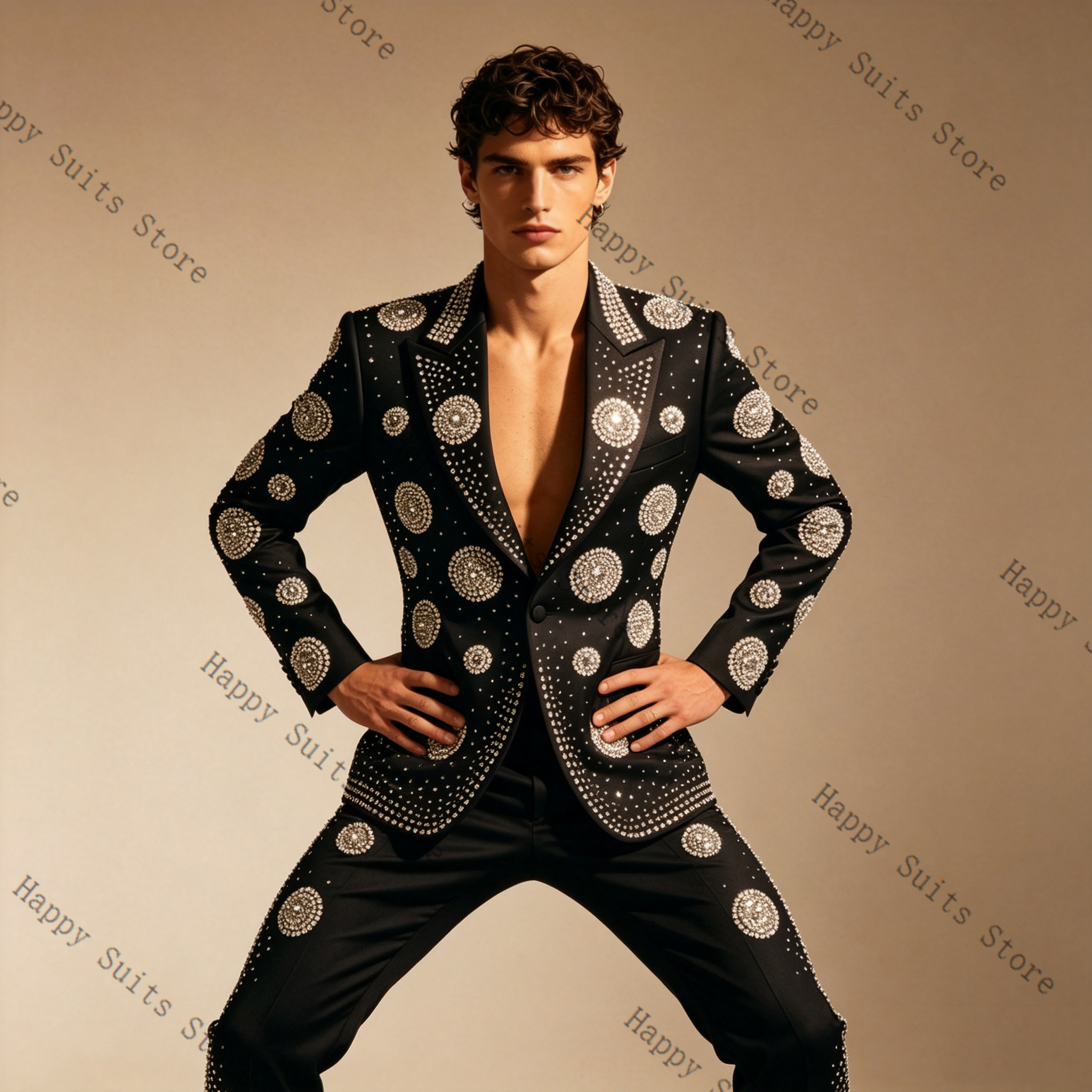 Formal Wear Jersey For Men - Luxury Crystals Black Men Suit Set
