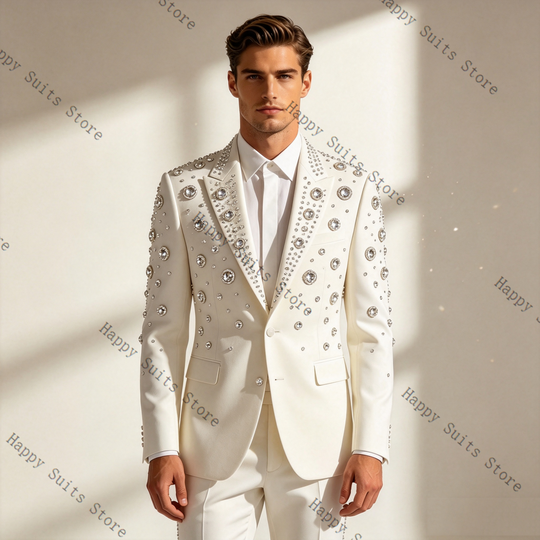Crystals White Men Suit Set 2  - Formal Wear Jersey For Men ulasan dan harga