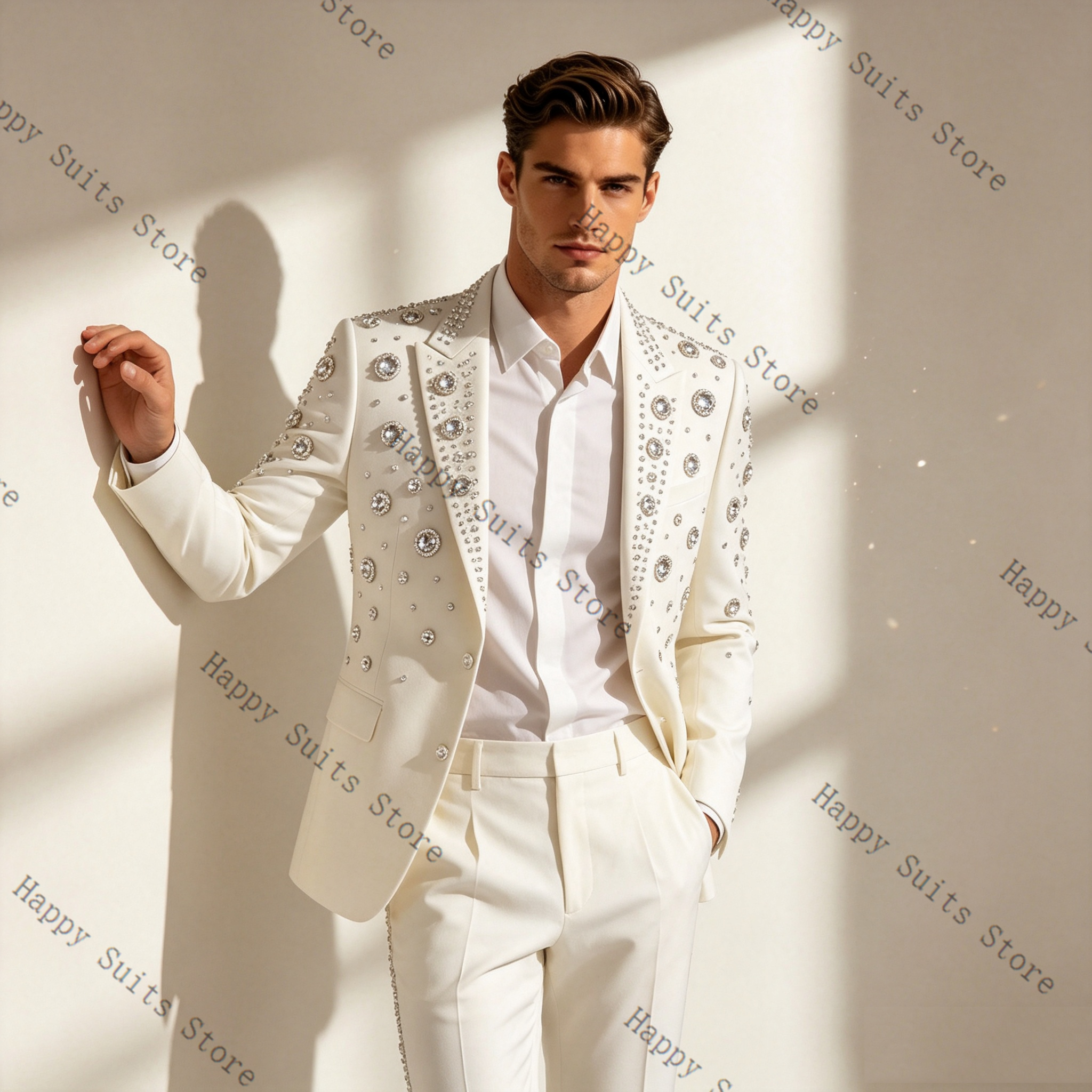 Crystals White Men Suit Set 2  - Formal Wear Jersey For Men ulasan dan harga