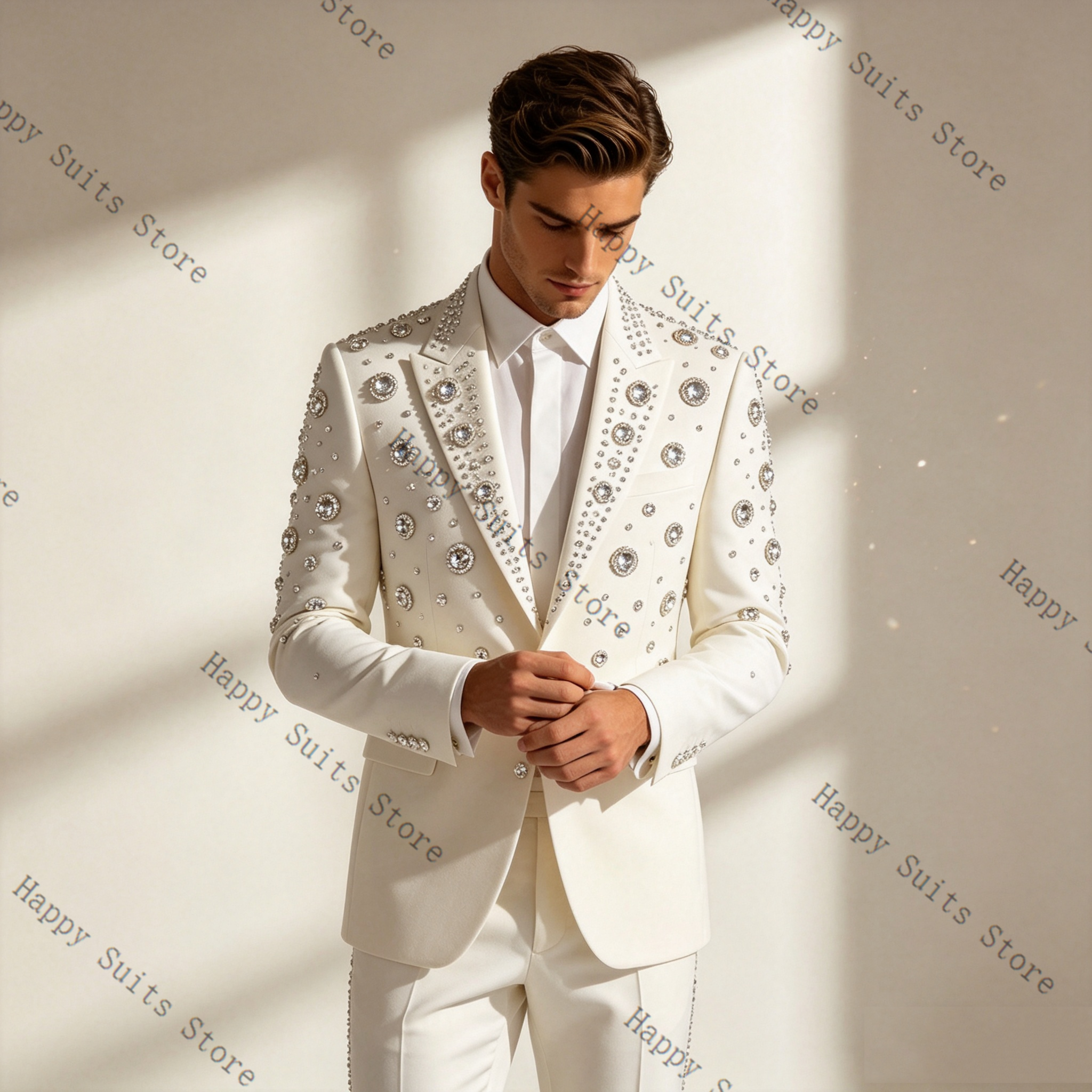 Crystals White Men Suit Set 2  - Formal Wear Jersey For Men ulasan dan harga